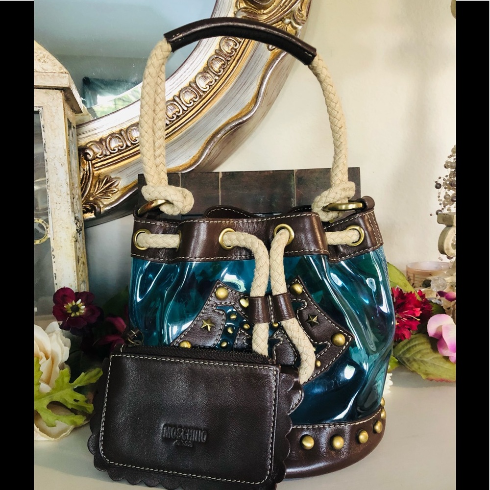 MOSCHINO LOVE clear blue rope handle bag w/pouch